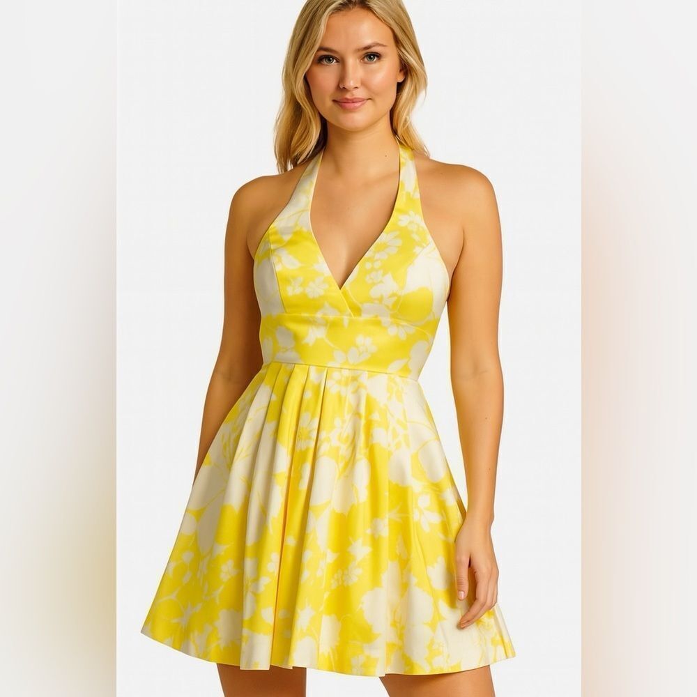 NWT American Living Floral Yellow Mini Dress Halter Dress Cotton Vneck Flowers